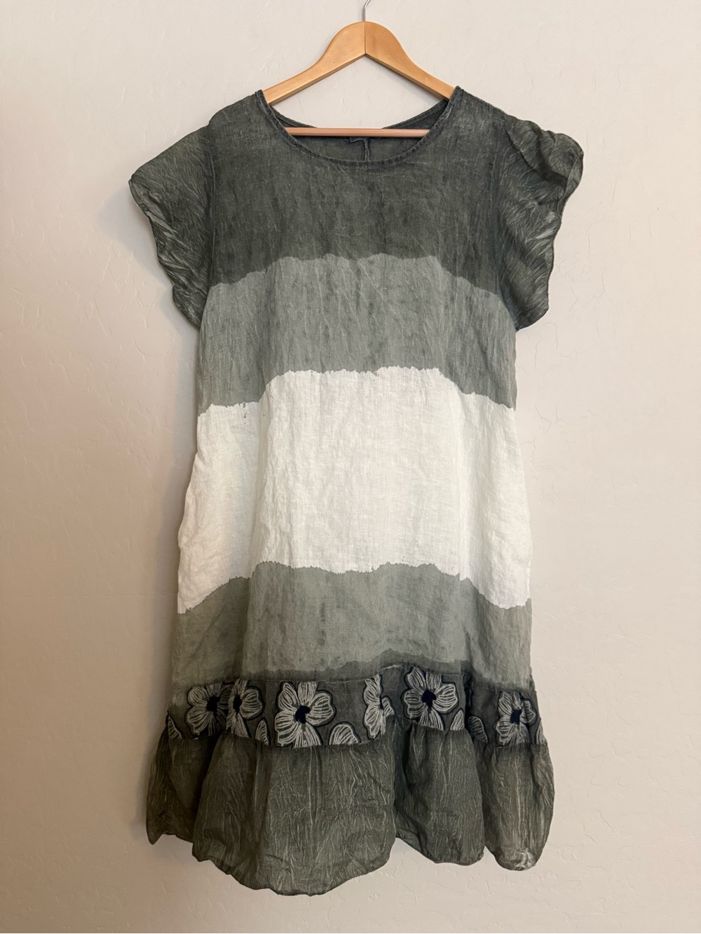 Made In Italy Linen Cotton Striped Midi Dress Floral Hem XL 14/16
